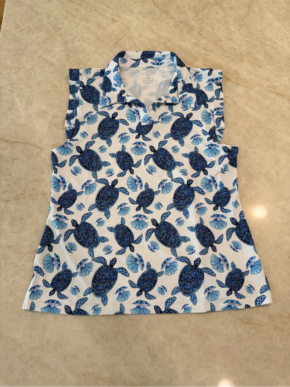 Gottex White Sleeveless Collared Top with Blue Sea Turtle Print